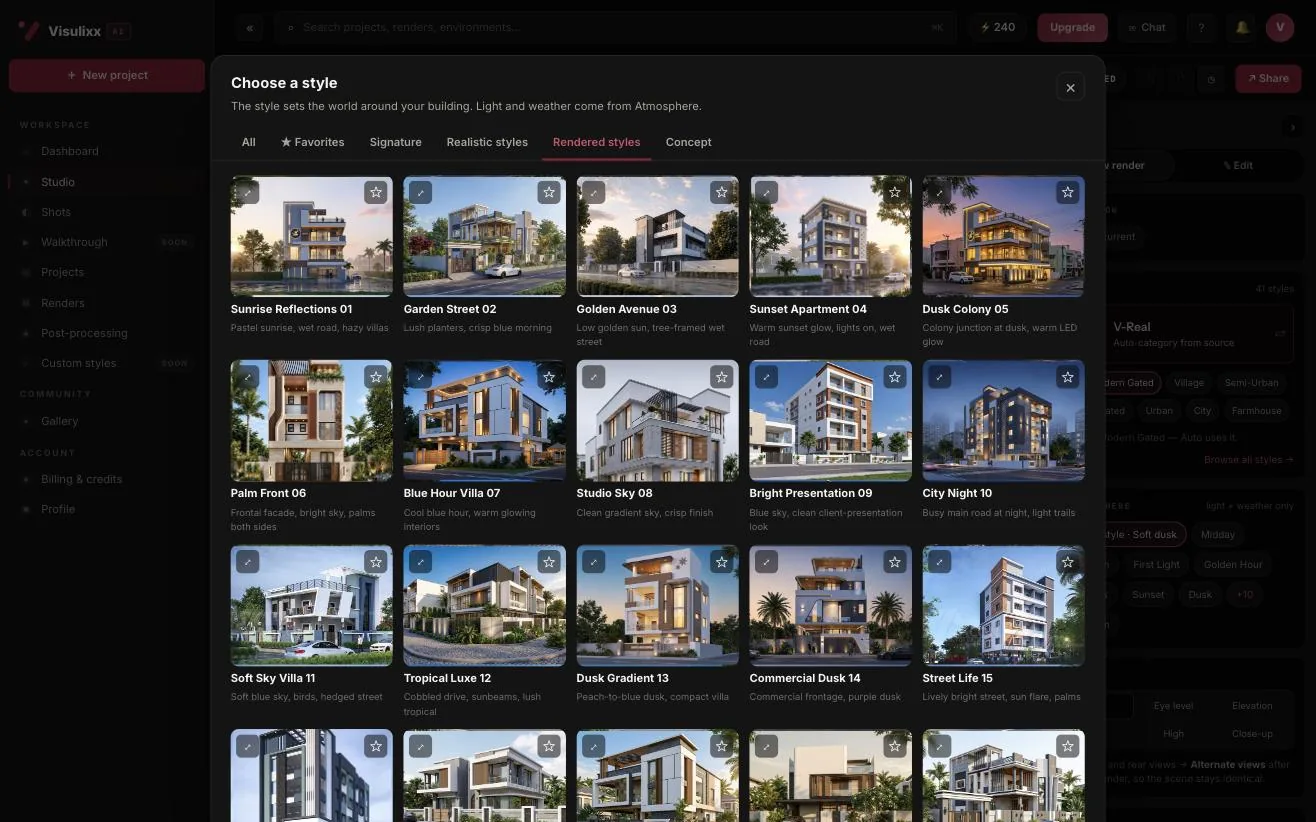 Visulixx style picker showing the Rendered styles family