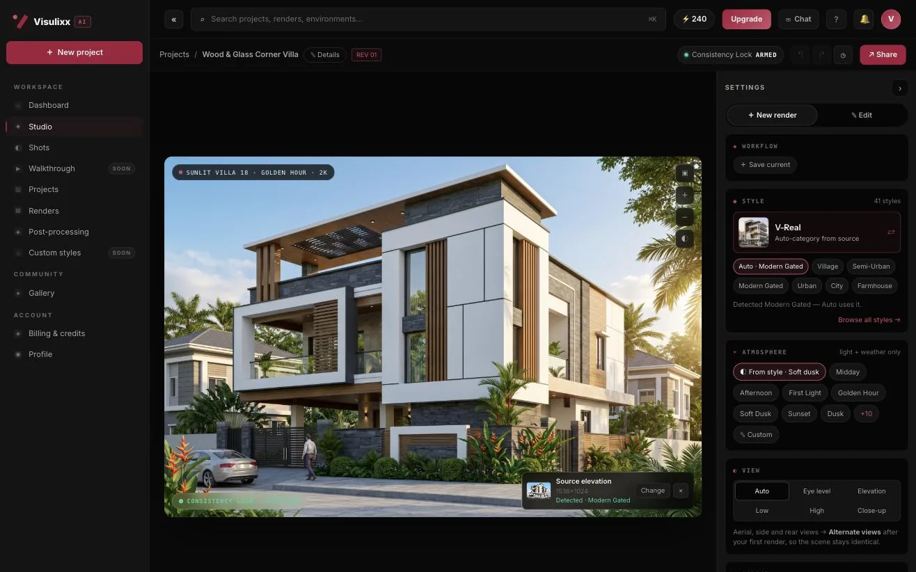 Visulixx Studio with a render, style, atmosphere, view and aspect settings