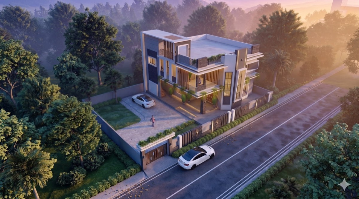 Aerial villa render — golden mist dawn style