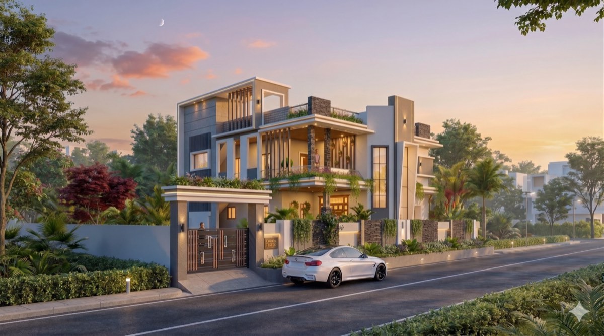 Villa render — signature dusk glow style