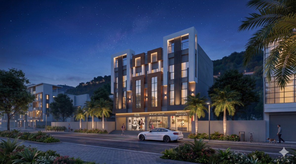 Commercial building render — night storefronts