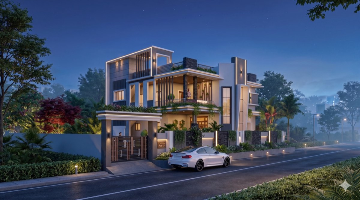 Villa render — blue hour night style