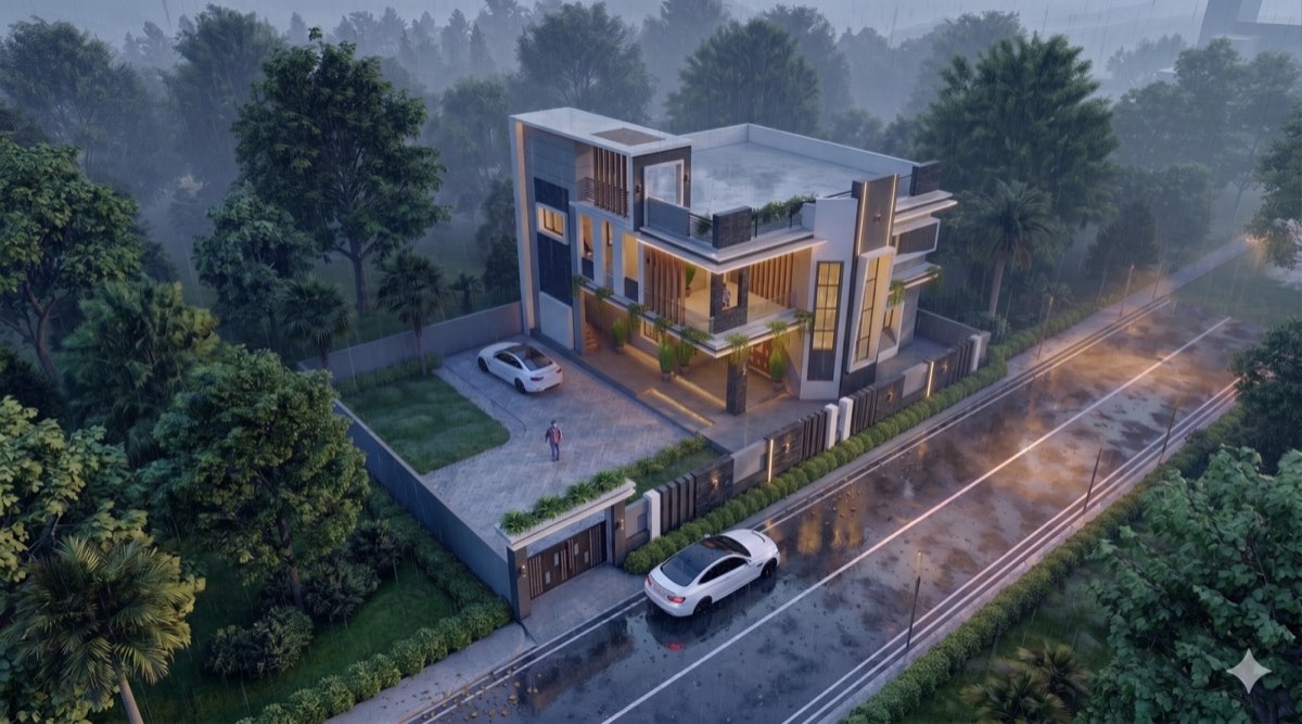 Aerial villa render — monsoon rain style